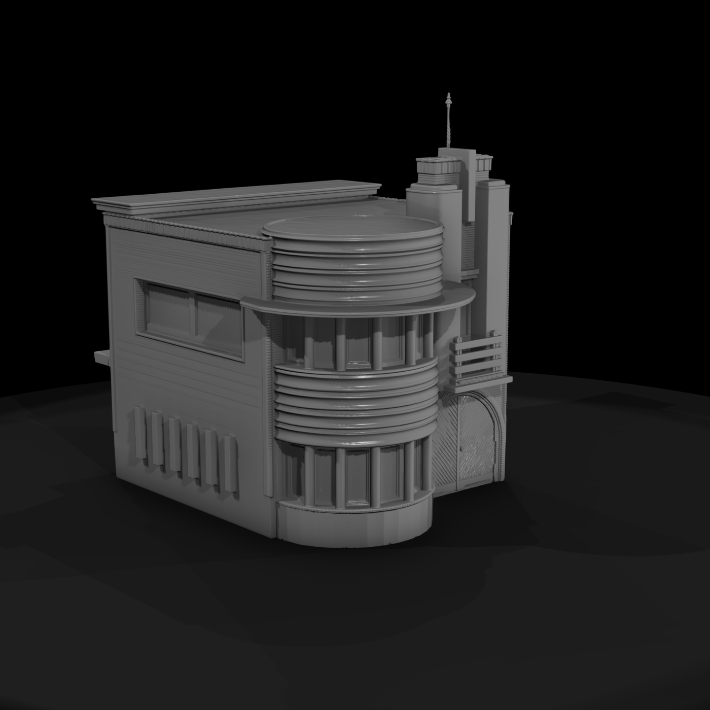 Art Deco residential façade with bay window & arched garage