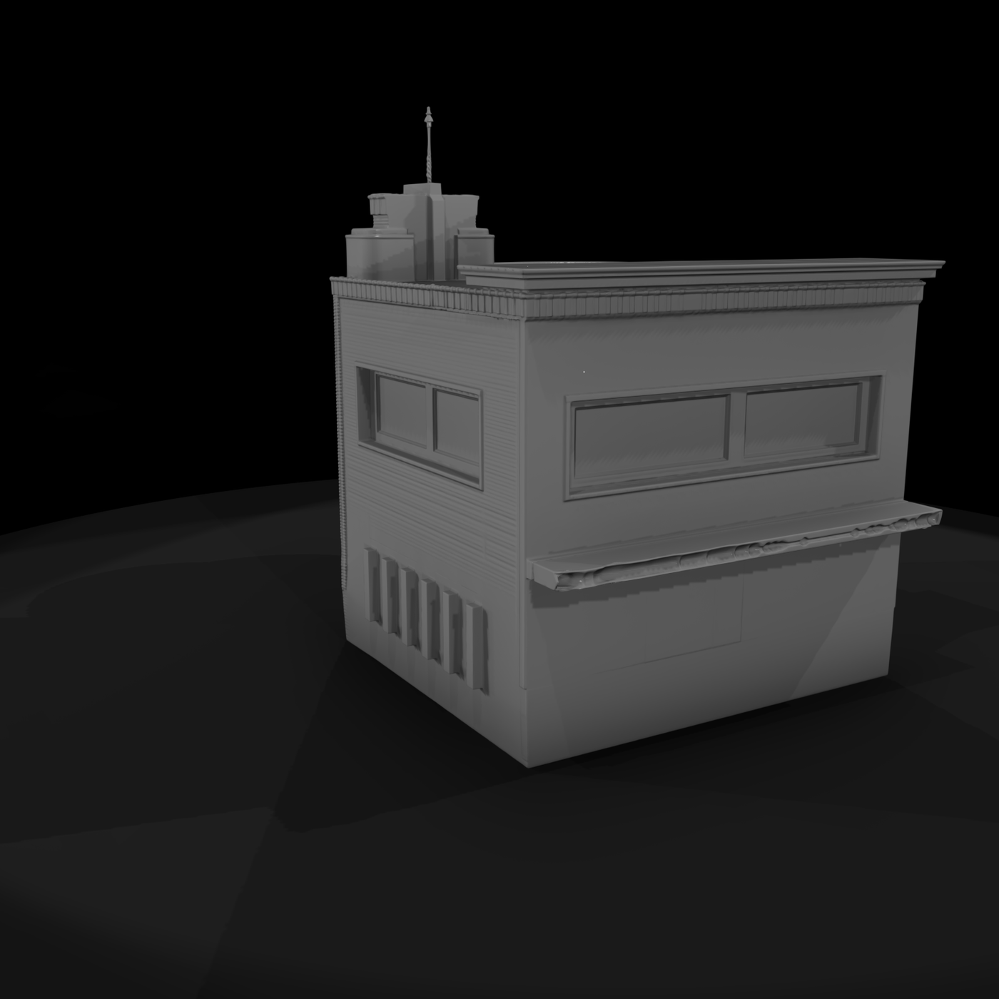 Art Deco residential façade with bay window & arched garage