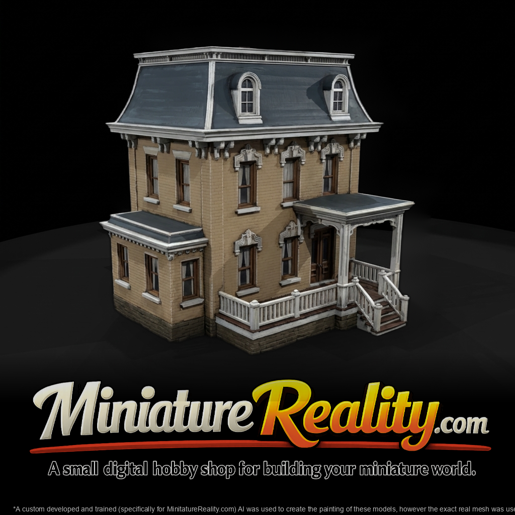 Victorian mansard house facade with porch