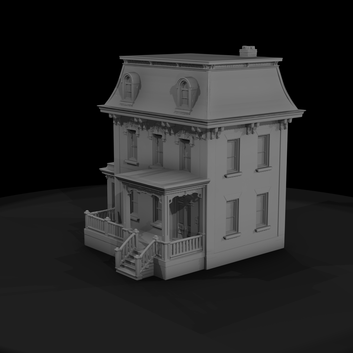 Victorian mansard house facade with porch