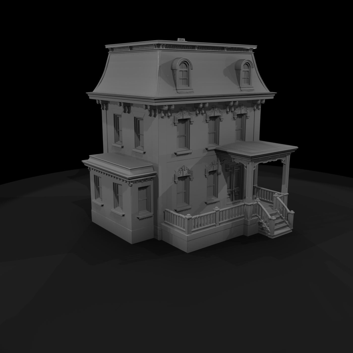 Victorian mansard house facade with porch