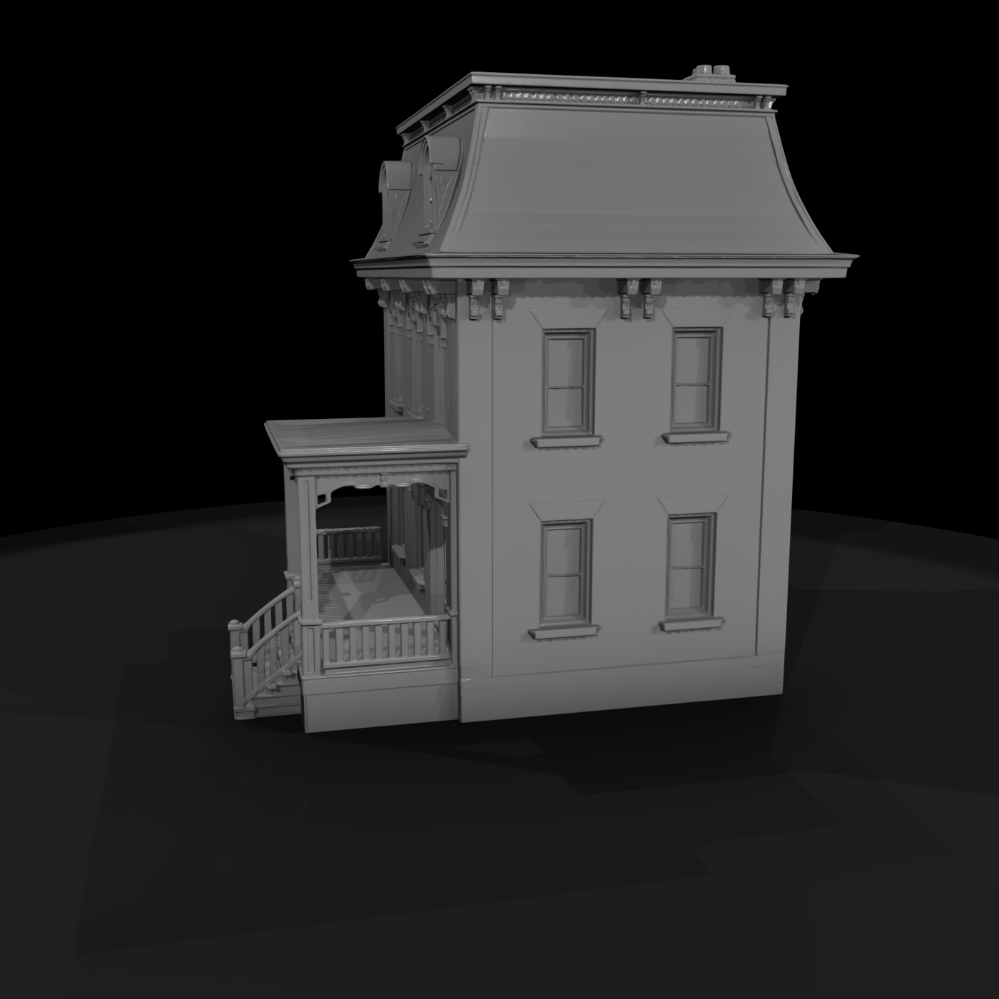 Victorian mansard house facade with porch