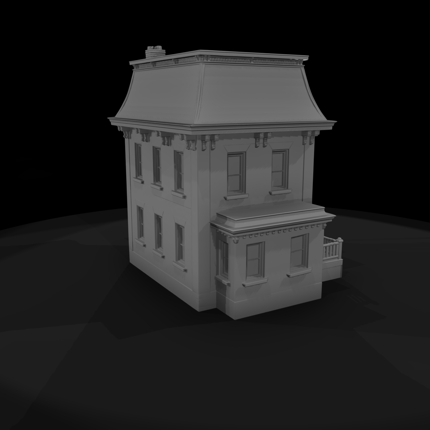 Victorian mansard house facade with porch