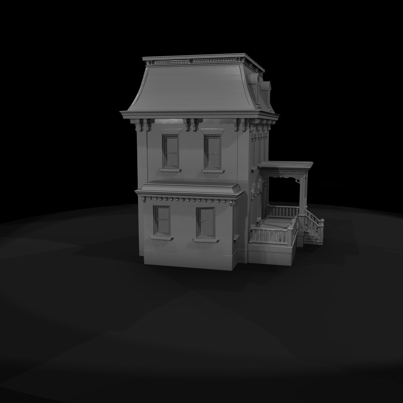 Victorian mansard house facade with porch