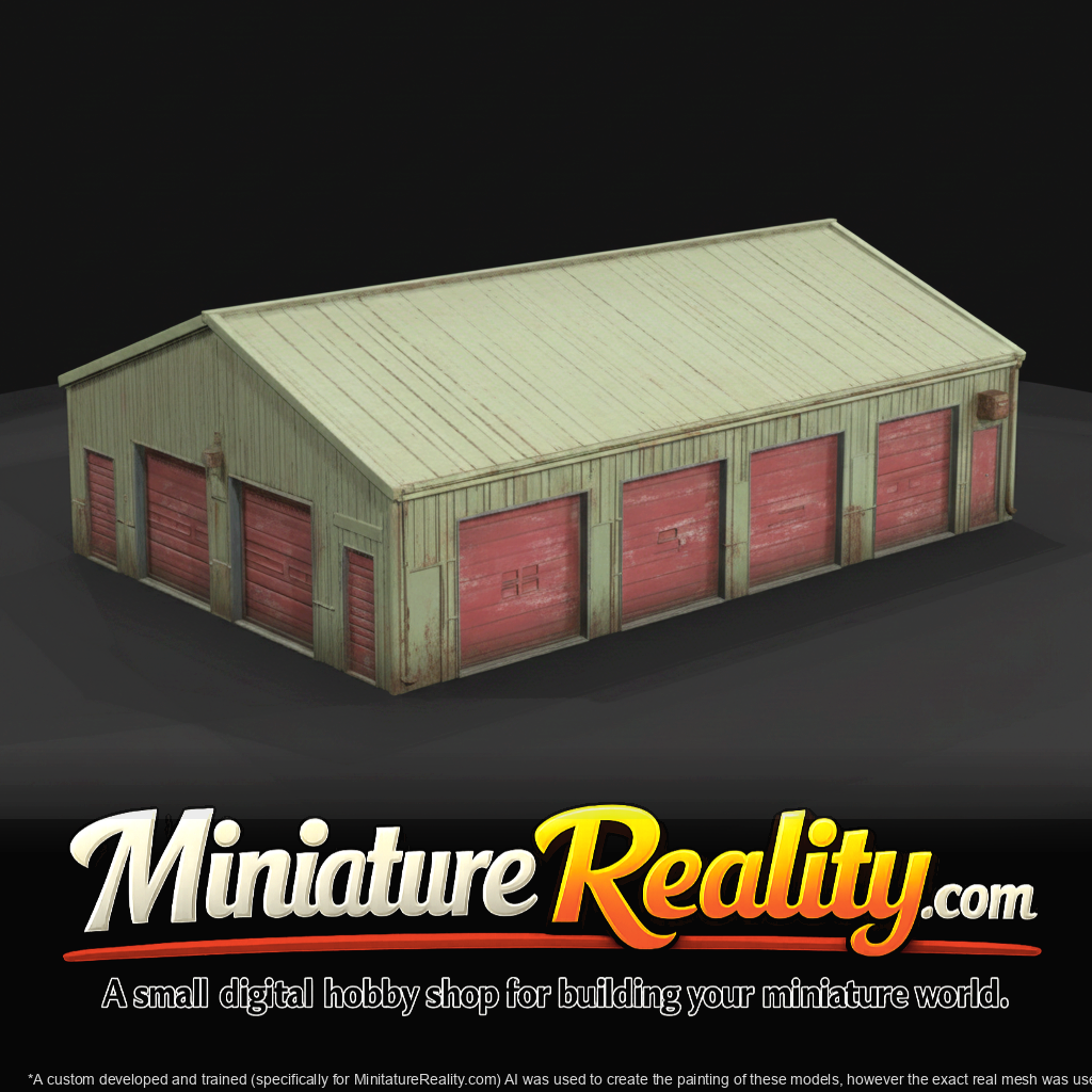 Small Industrial Storage Garage Multi Bay Unit With Pitched Roof And Vertical Siding (estimated)