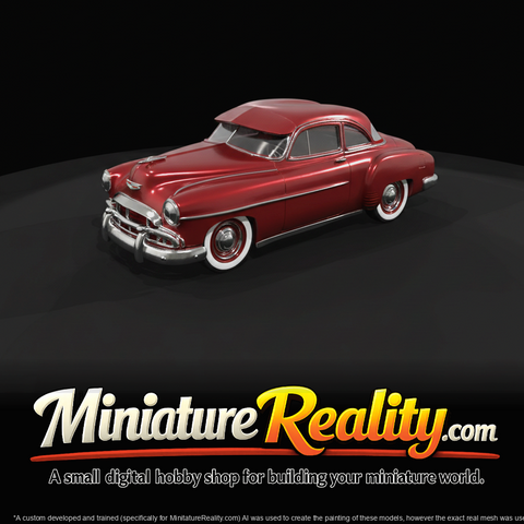 American full-size coupe, Chevrolet-style (1950s) — red metallic, classic mid-century styling