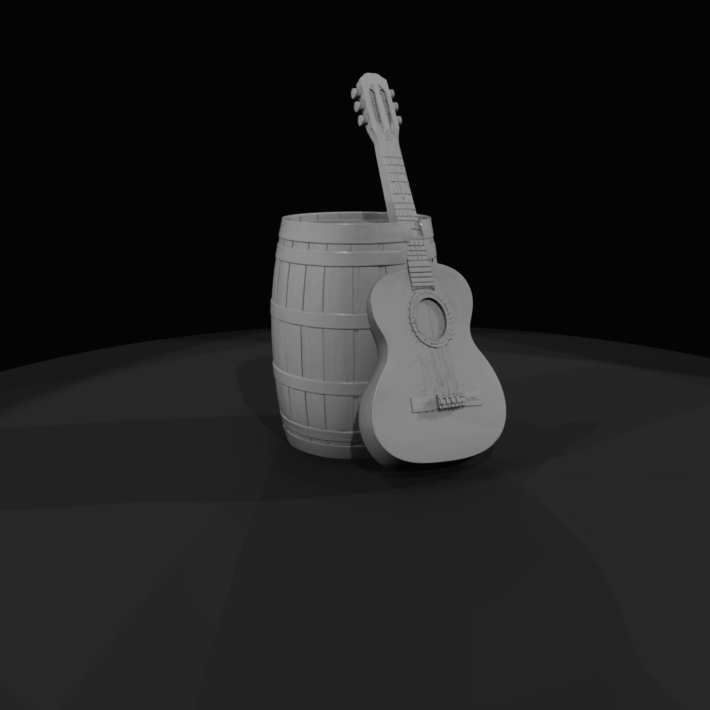 Western Guitar leaning against barrel (estimated)