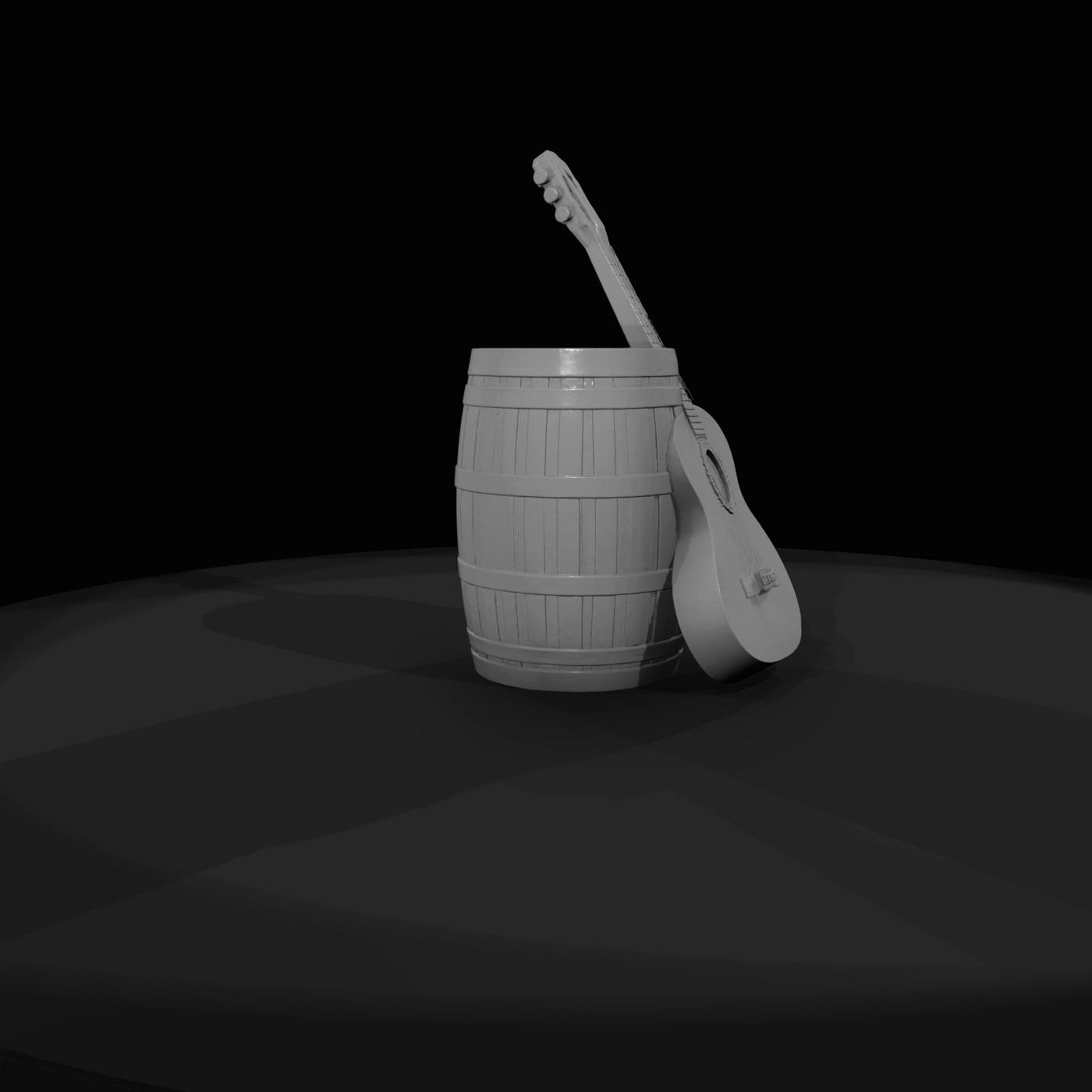 Western Guitar leaning against barrel (estimated)