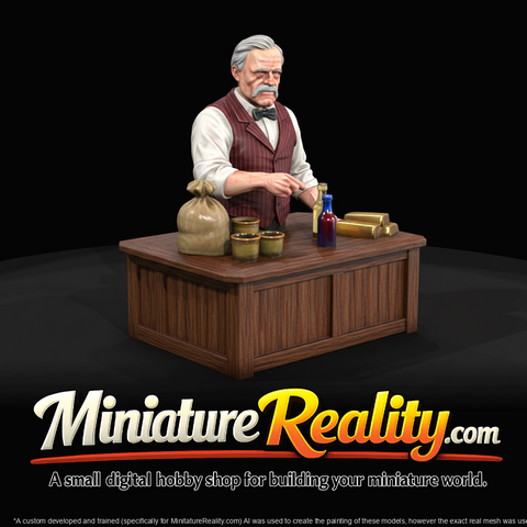 male shopkeeper miniature figure on wooden counter