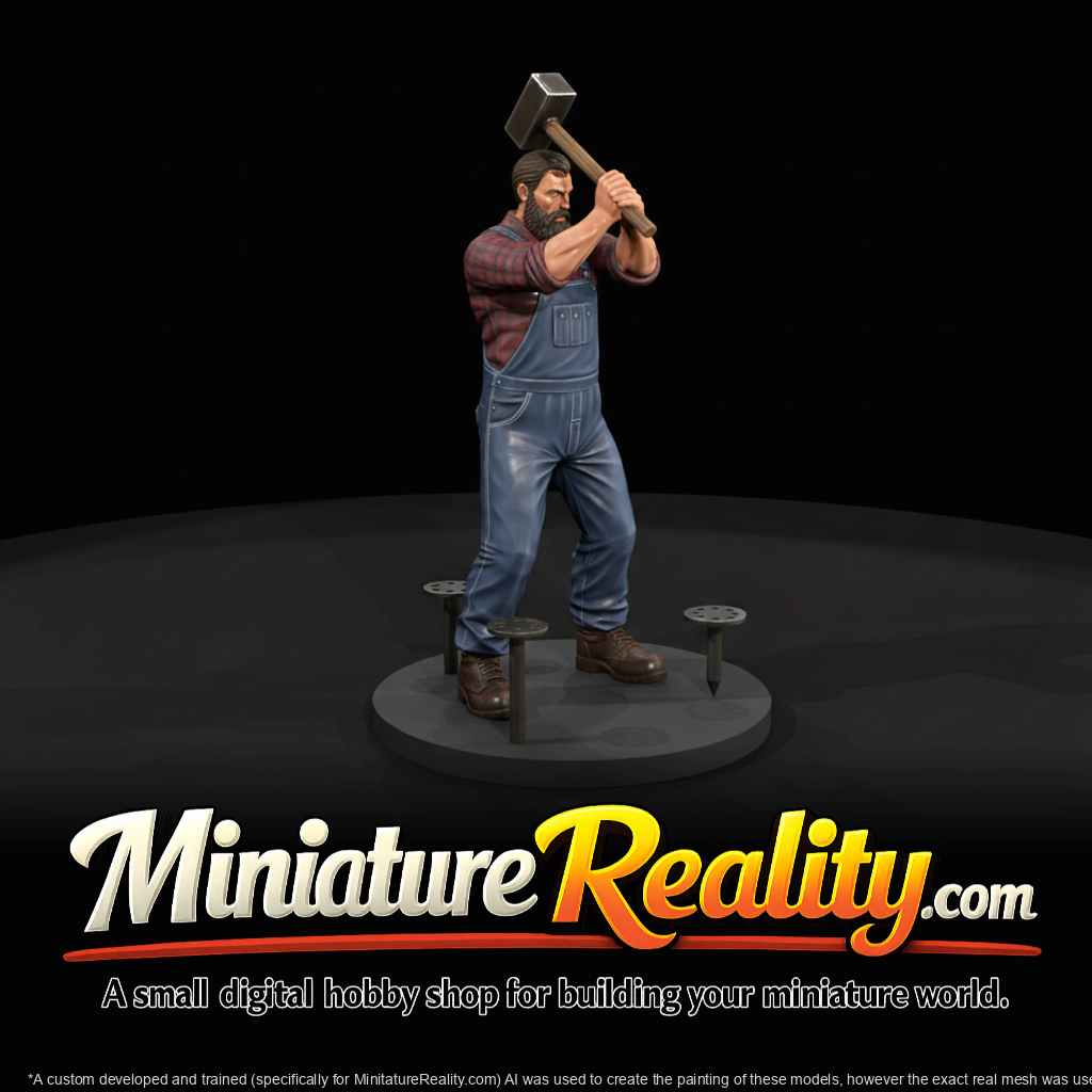 Lumberjack with sledgehammer driving spikes