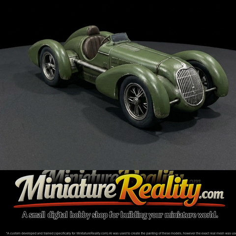 1930s racing roadster with open cockpit (1930s) — green, wire-spoke wheels, pre-war track car