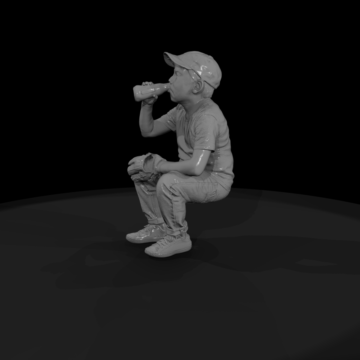 1950s Sandlot Baseball Boy on Bench Drinking Soda