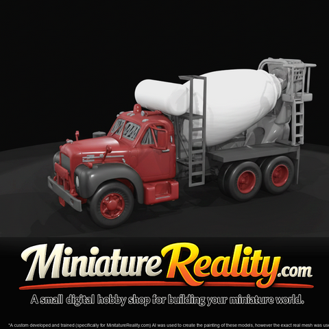 1955 Mack concrete mixer truck (1950s) — red, heavy commercial mixer