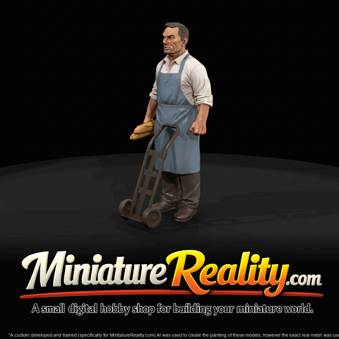 1960s bread delivery driver figure (1960s) — worker with hand truck, period work uniform