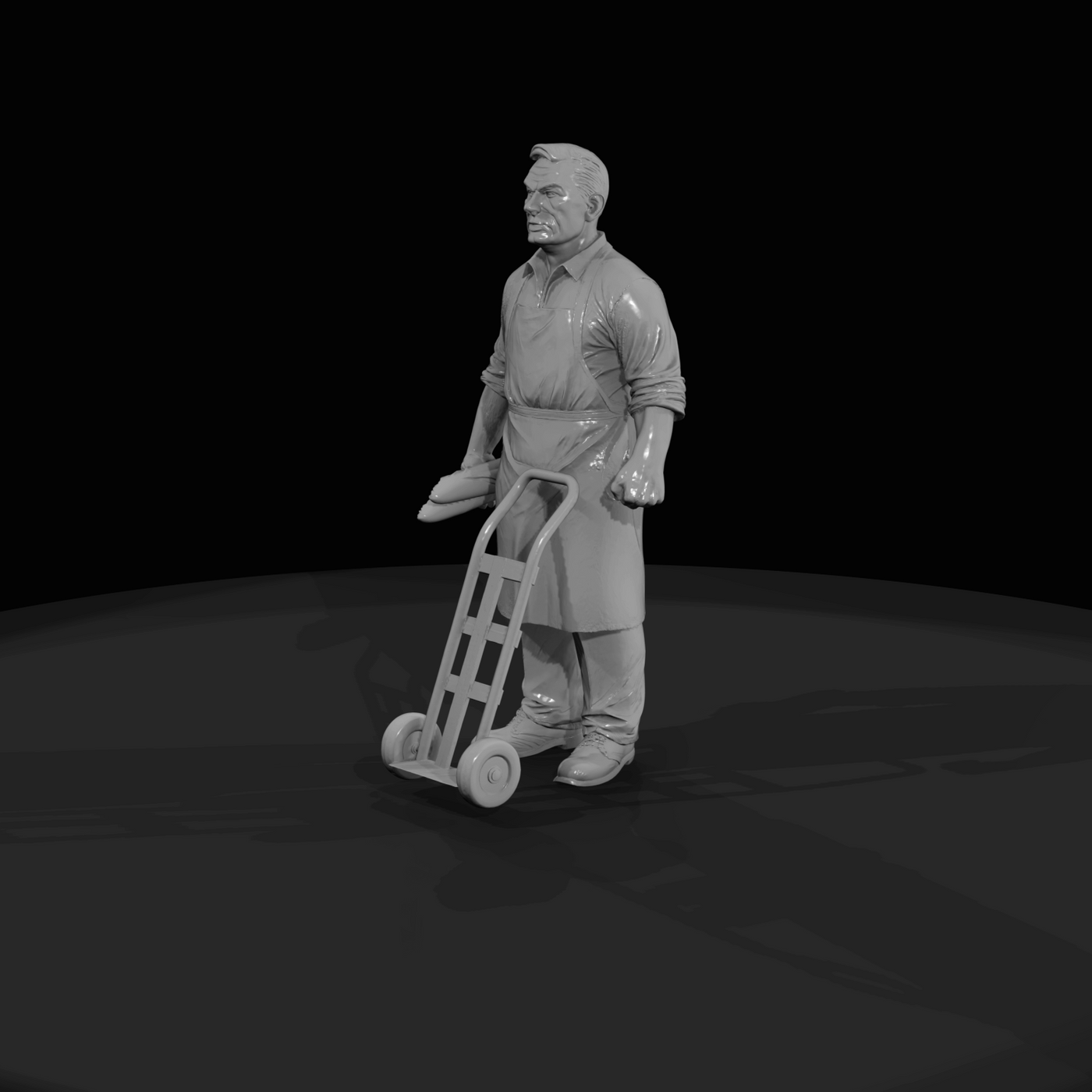 1960s bread delivery driver figure (1960s) — worker with hand truck, period work uniform