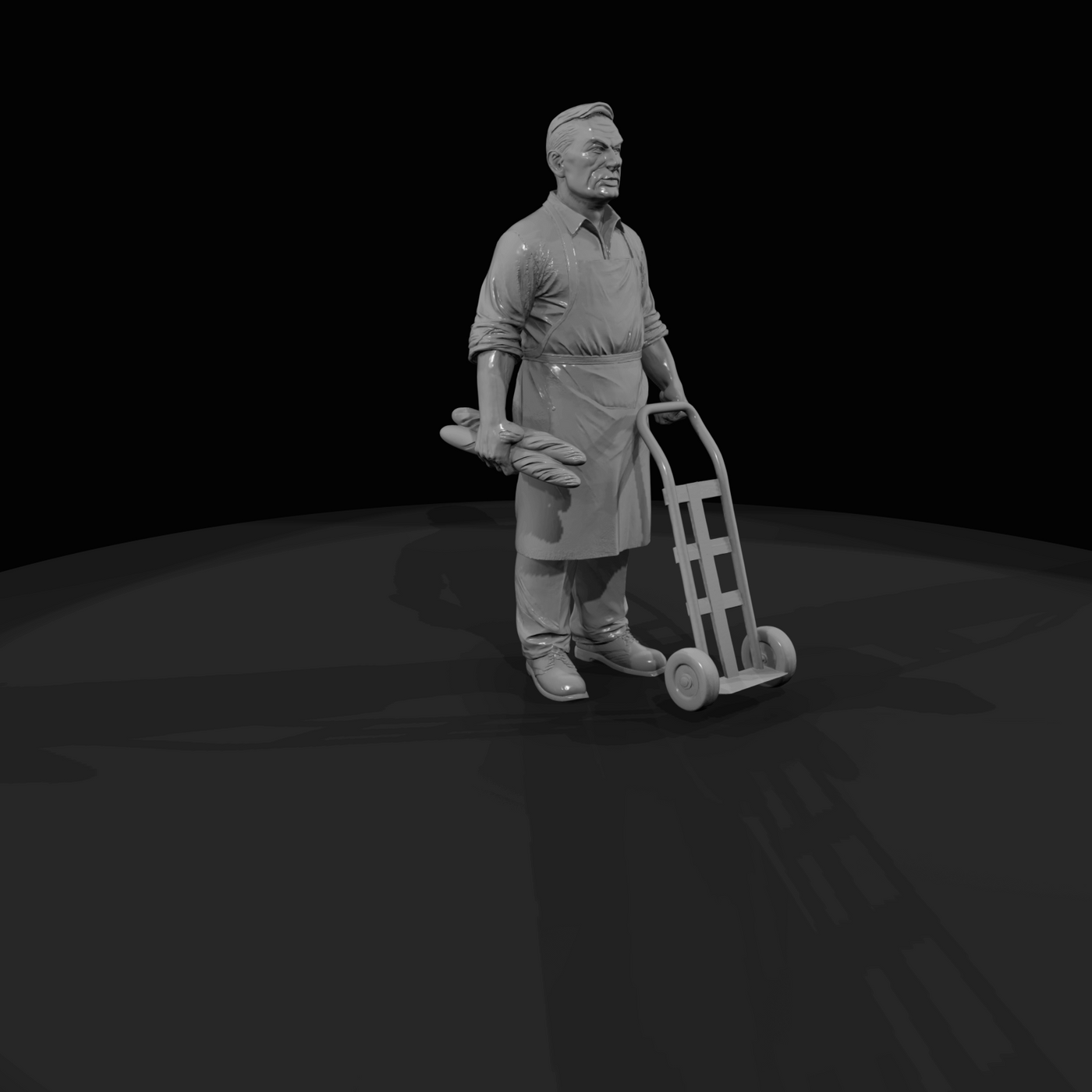 1960s bread delivery driver figure (1960s) — worker with hand truck, period work uniform