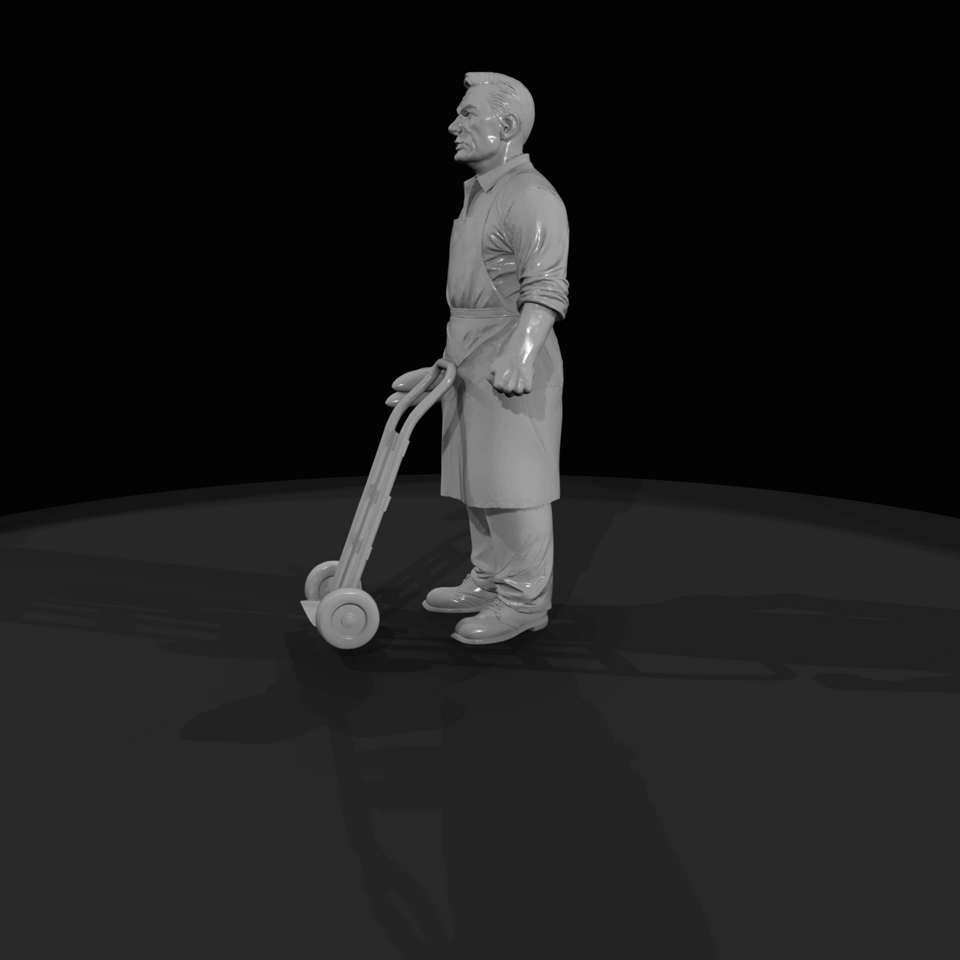 1960s bread delivery driver figure (1960s) — worker with hand truck, period work uniform