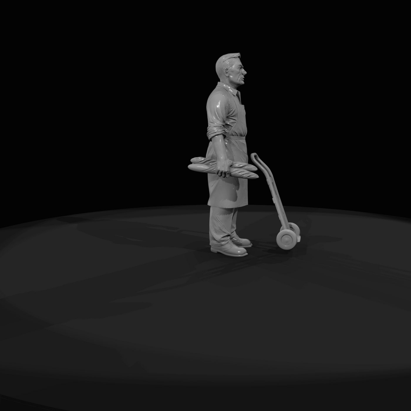 1960s bread delivery driver figure (1960s) — worker with hand truck, period work uniform