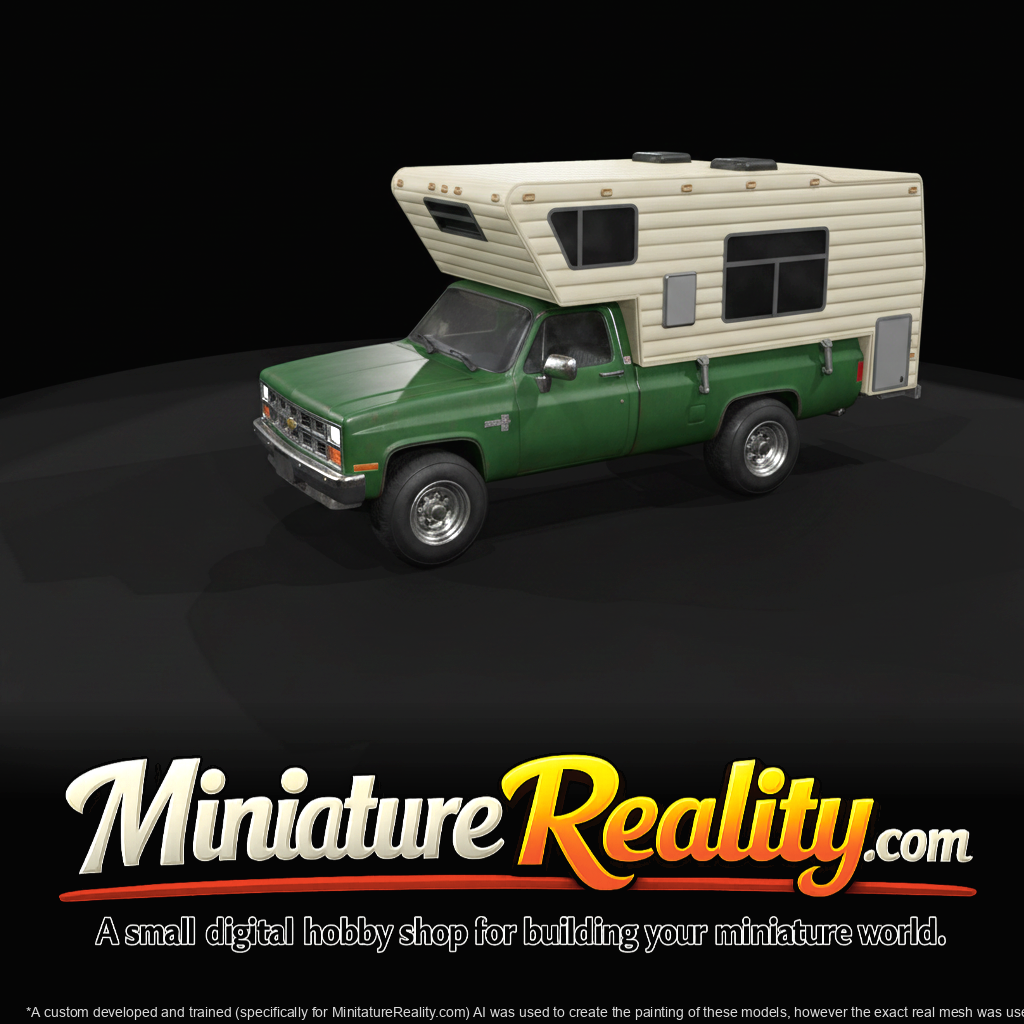 1980s pickup truck with slide-in camper unit (1980s) — American truck camper, cab-over style