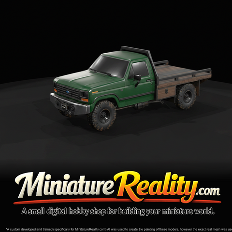 1983 Ford F-150 flatbed pickup (1980s) — wooden bed, 4x4, muddy all-terrain tires