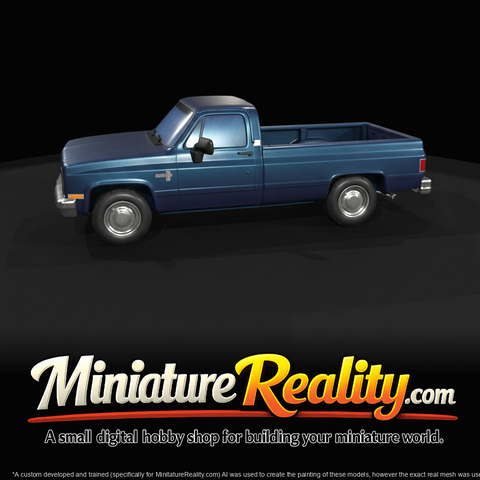 1985 GMC Sierra Mk1 pickup truck (1980s) — blue metallic, American full-size short-bed