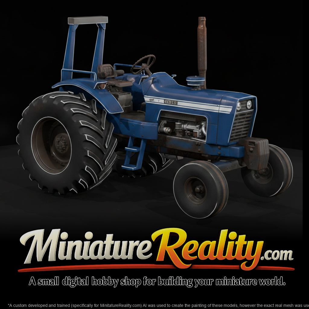 Blue and White Farm Tractor miniature, three-quarter view