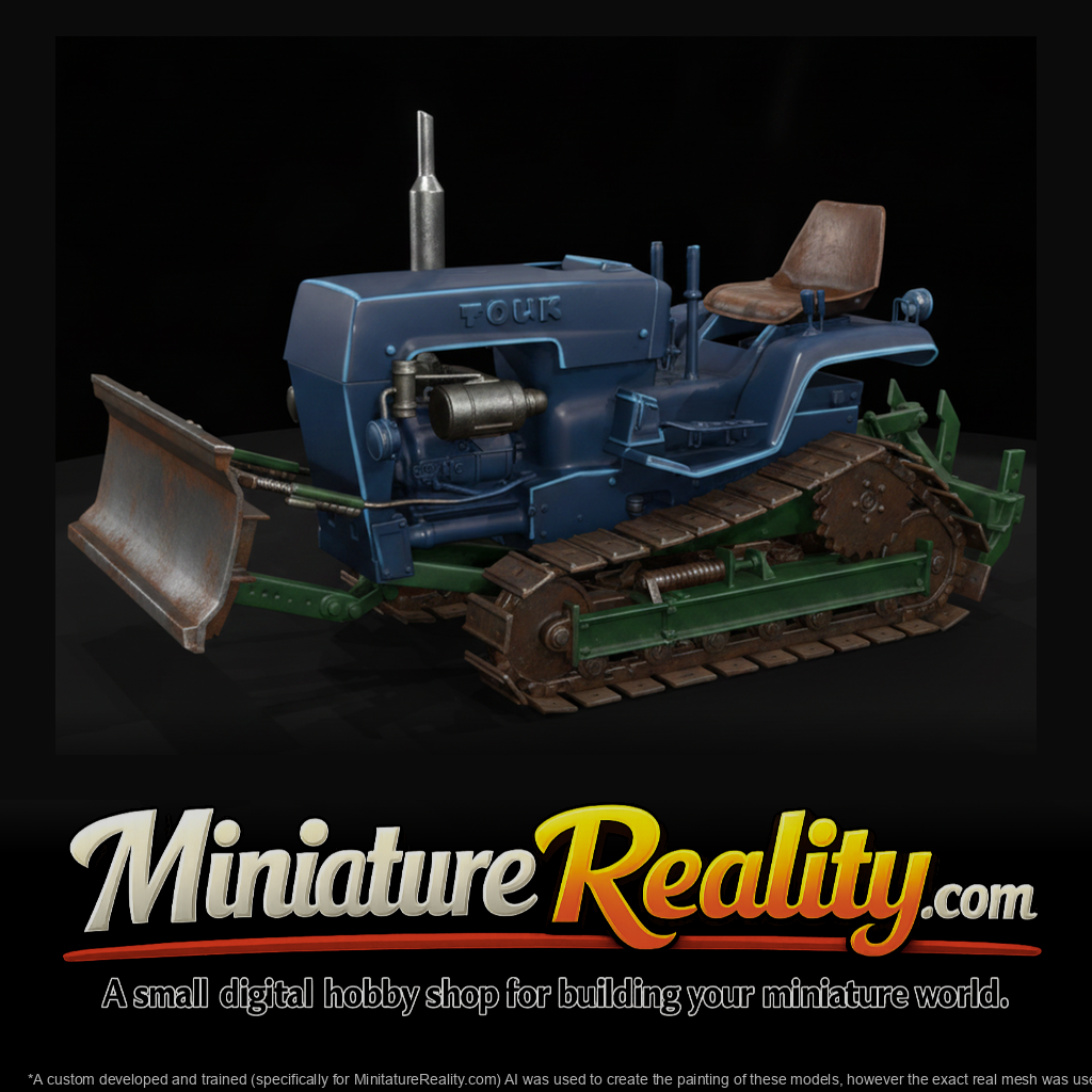 Blue Tracked Garden Tractor miniature, three-quarter view