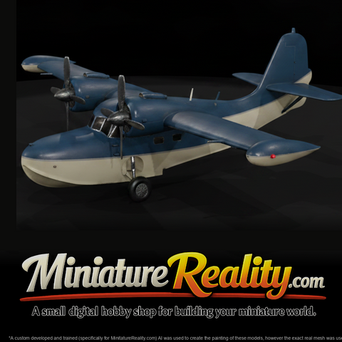 Blue White Amphibian Airplane miniature, three-quarter view