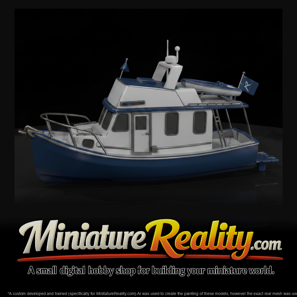 Blue White Motor Boat Reflection miniature, three-quarter view