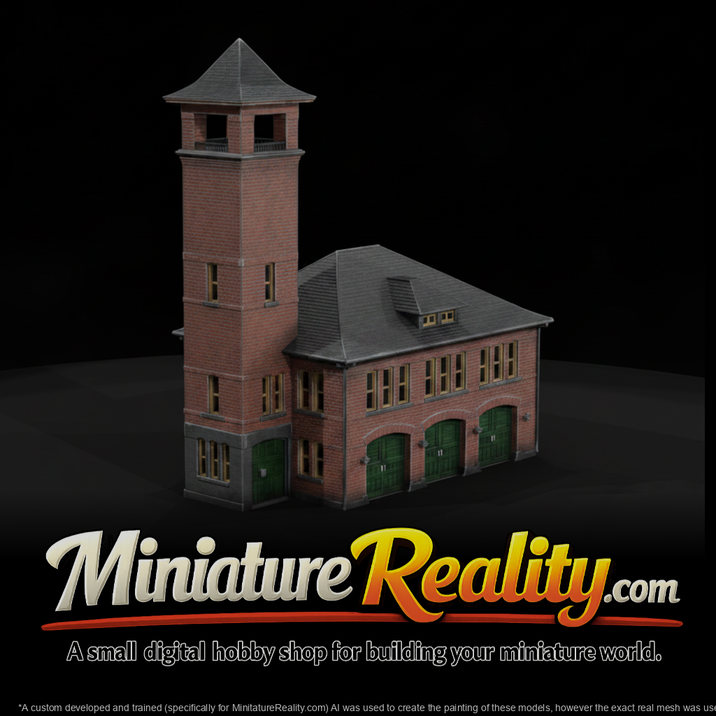 Brick Fire Station with Tower miniature, three-quarter view