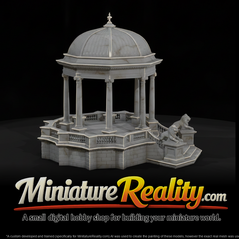 Domed Classical Marble Garden Pavilion miniature, three-quarter view