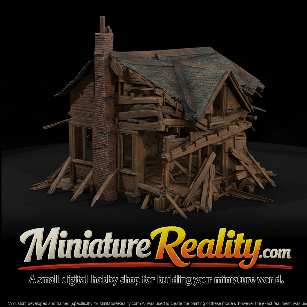 Collapsed Wooden House miniature, three-quarter view
