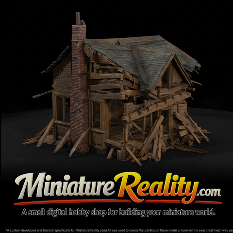 Collapsed Wooden House miniature, three-quarter view