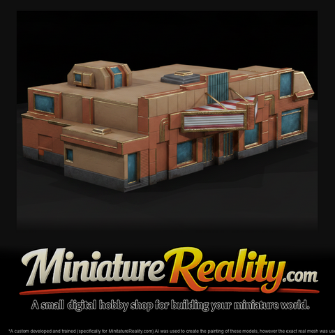 Colorful Retro Entertainment Building miniature, three-quarter view