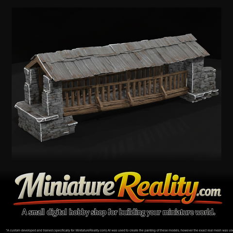 Covered Stone Wooden Bridge miniature, three-quarter view
