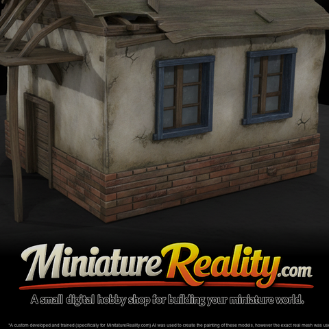 Dilapidated Wooden House miniature, three-quarter view