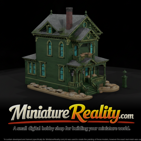 Green Ornate Victorian House miniature, three-quarter view