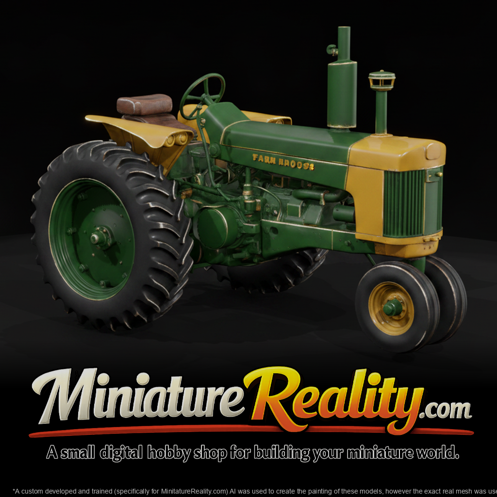 Green Yellow Farm Tractor miniature, three-quarter view