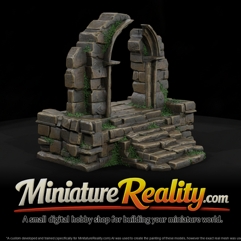 Mossy Stone Archway Ruin miniature, three-quarter view