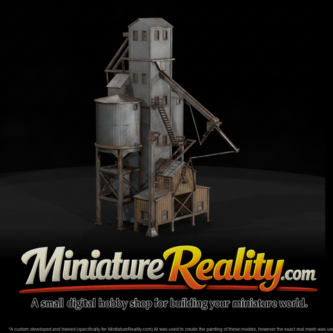 Old Concrete Grain Elevator miniature, three-quarter view