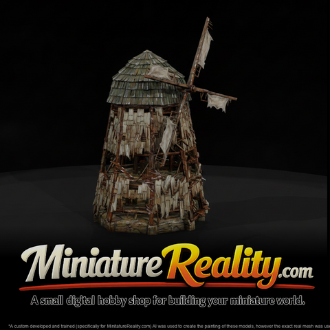 Old Dilapidated Windmill miniature, three-quarter view
