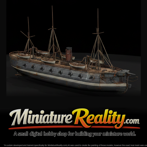 Old Ironclad Warship miniature, three-quarter view