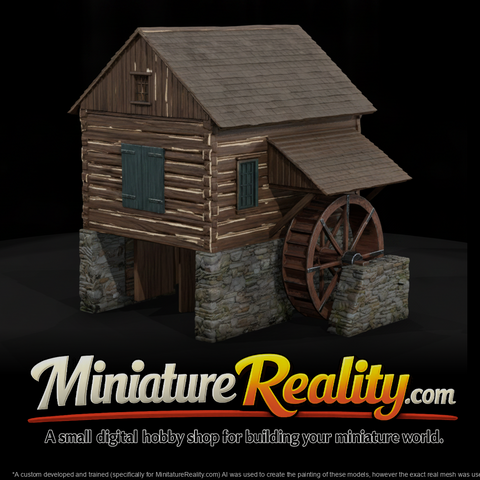 Old Rustic Water Mill miniature, three-quarter view