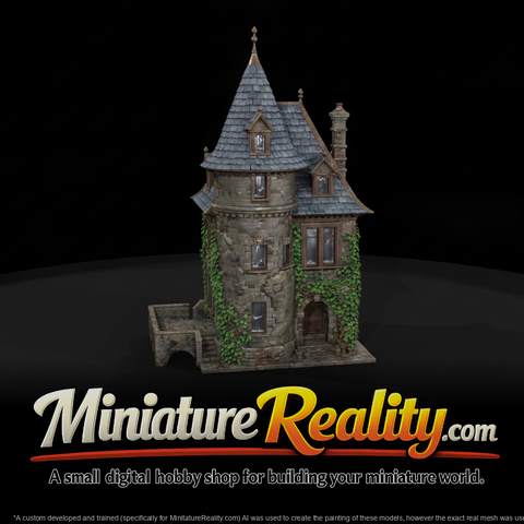Old Stone Tower House miniature, three-quarter view