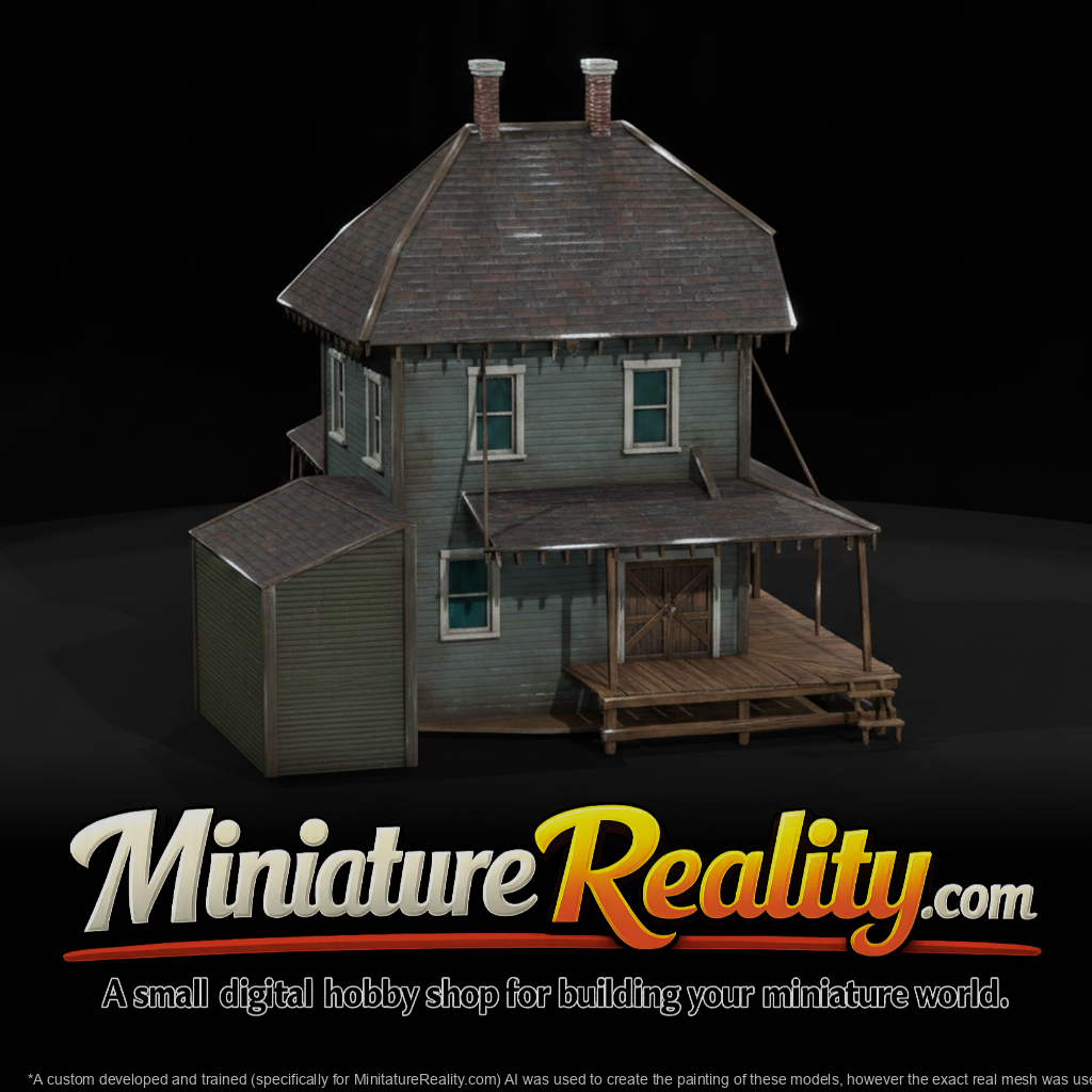 Old Two Story Railroad Building miniature, three-quarter view