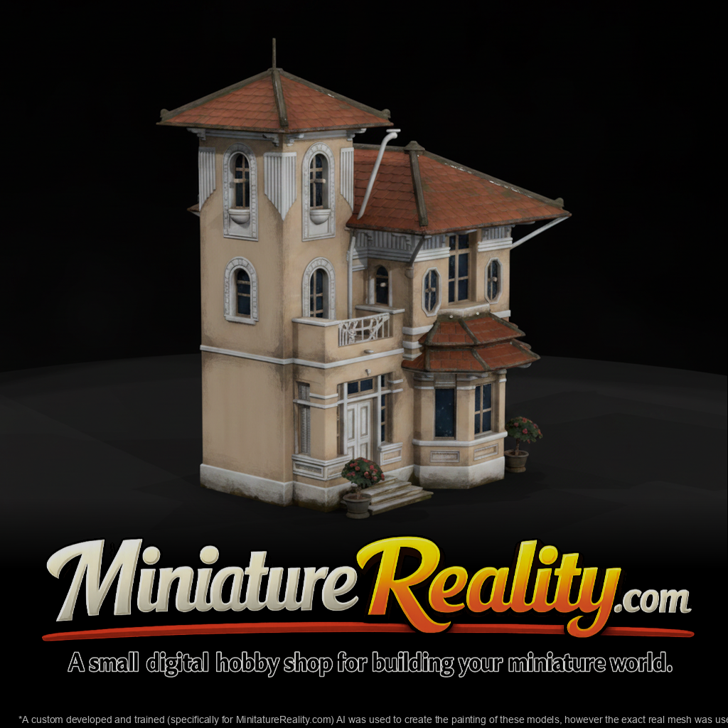 Ornate House with Tower miniature, three-quarter view