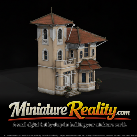 Ornate House with Tower miniature, three-quarter view