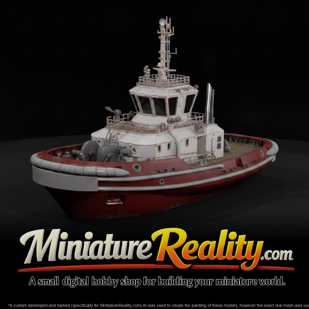 Red and White Tugboat miniature, three-quarter view