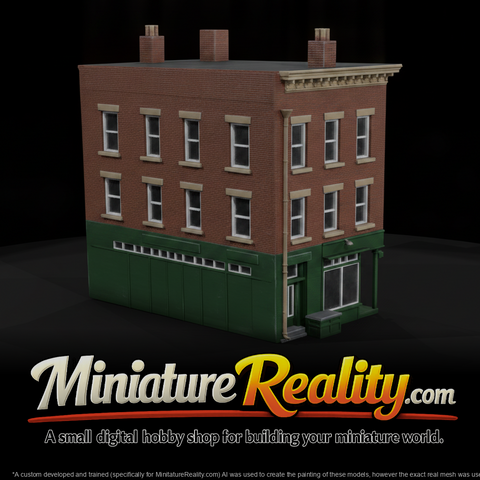 Red Brick Corner Bookstore miniature, three-quarter view