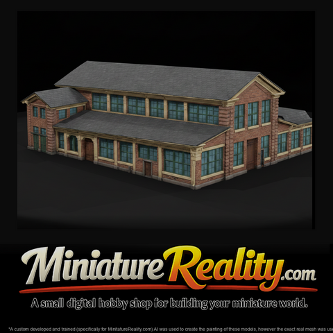 Red Brick Factory Building miniature, three-quarter view